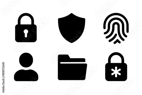 Security icons set: lock, fingerprint, shield, user, folder for digital safety designs
