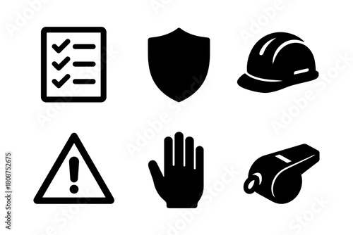 Safety icon set: checklist, shield, helmet, warning, hand, whistle in bold silhouette