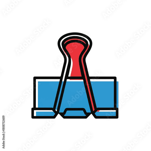 Vibrant red and blue binder clip icon with a bold black outline, isolated vector graphic for stationery and office organization concepts