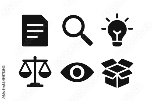 Icon set featuring search, idea, balance, and vision elements in minimalist design