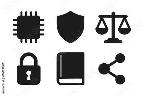 Silhouette icons of technology, security, and communication