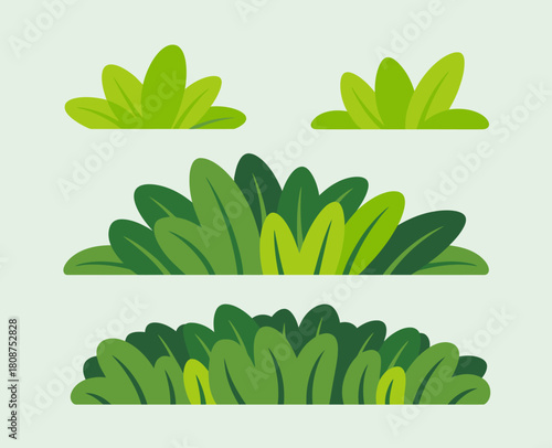 A collection of stylized green bushes and plants designed for use in digital landscapes, perfect for a variety of creative and illustrative purposes.