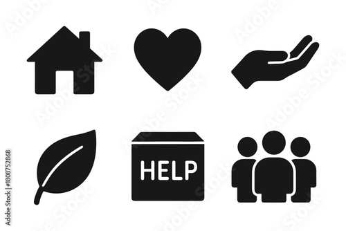 Silhouette icons: home, heart, hand, leaf, help, community