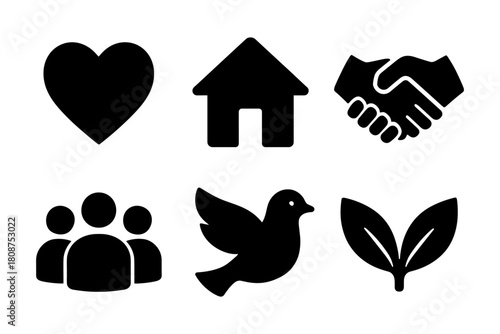 Symbolic icons set: heart, house, handshake, people, dove, leaf in minimalist silhouette style
