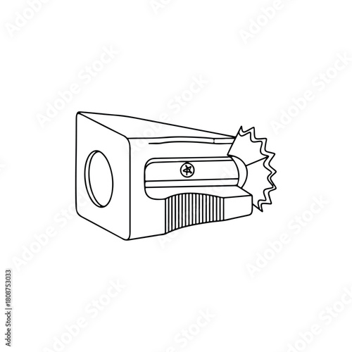 Detailed line art illustration of a classic manual pencil sharpener, an essential school and office tool, depicting its functional design for sharpening pencils and creating visible shavings