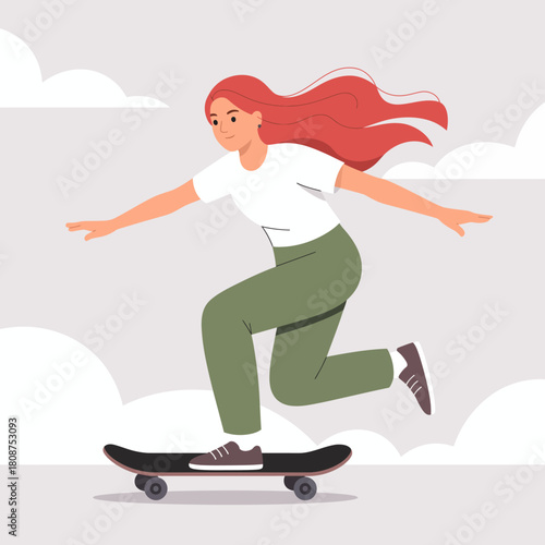 This illustration features a young skateboarder with flowing red hair, skillfully maneuvering on a skateboard, giving off a sense of freedom and adventure in a bright atmosphere.