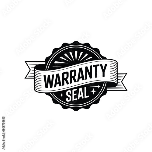 Vintage style warranty seal emblem with ribbon and text guaranteeing product quality