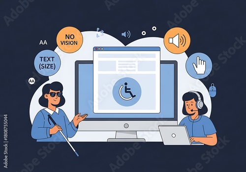 Digital accessibility and inclusivity illustration showcasing online support for visually impaired and web design features.