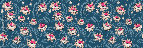 Seamless vector floral pattern with cream and pink flowers, blue green leaves, and deep teal background. Elegant hand drawn botanical design for fabric, stationery, and wallpaper