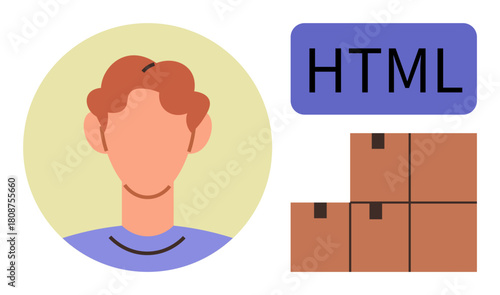 Male avatar next to HTML label and neatly stacked cardboard boxes. Ideal for coding, web design, development, storage, shipping, packaging, organization, and simple flat metaphor