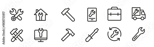 Repair and Fix line icon set featuring editable, pixel-perfect tools and symbols. Includes professional, minimal, and modern vector illustrations ideal for repair themes.