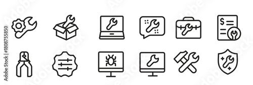 Repair and Fix line icon set featuring editable, pixel-perfect tools and symbols. Includes professional, minimal, and modern vector illustrations ideal for repair themes.