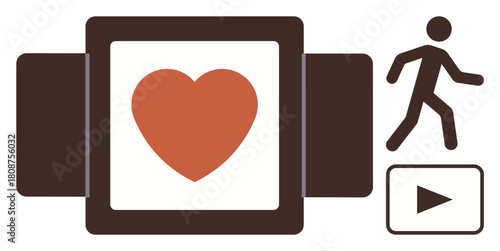 Fitness tracker showing heart symbol, walking icon, and play button for exercise tracking. Ideal for wellness, technology, health monitoring, fitness, digital lifestyle, self-care simple flat