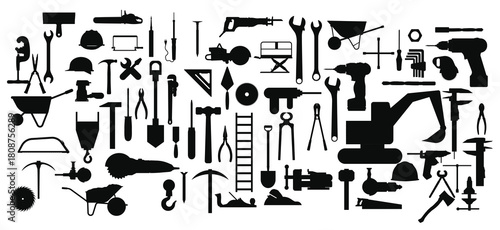 Repair tool icon service and setting work equipment sign isolated set. Construction workshop vector illustration. Fix mechanic symbol and engineering maintenance hardware. Industry instrument builder