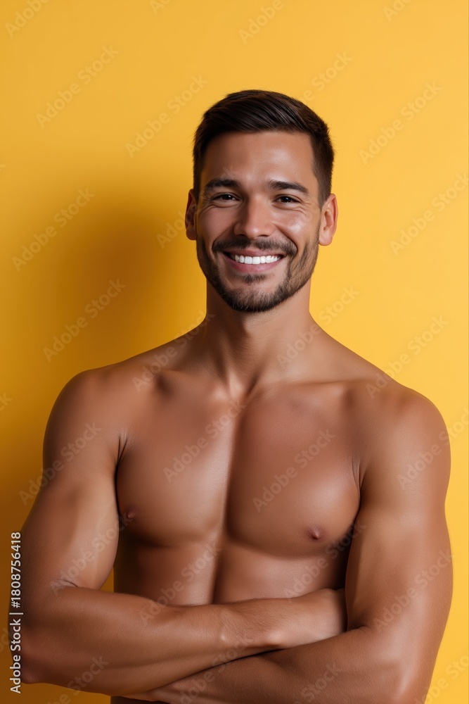 Fototapeta premium Smiling young hispanic male with crossed arms against yellow background