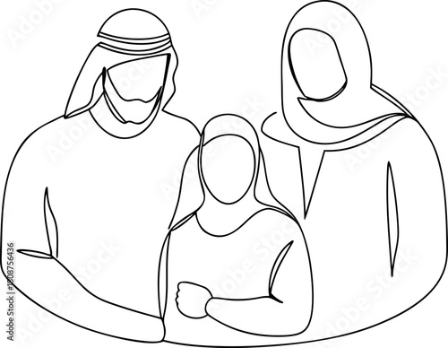 One line drawing of a Muslim family