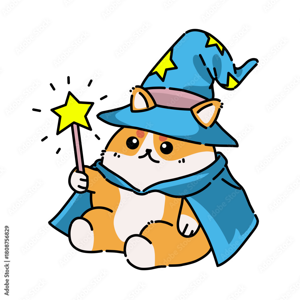 Obraz premium magical cartoon cat wearing a wizard hat and cape holding a glowing wand.
