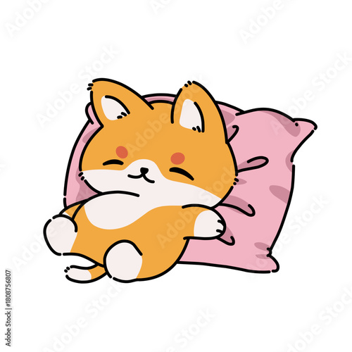 adorable cartoon cat resting on a soft pillow.