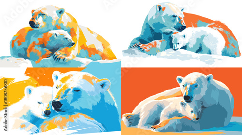 Stylized polar bear family illustrations with bold colors and soft shading. Warm wildlife artwork showing mother and cub bonding perfect for nature prints children themes and animal designs.