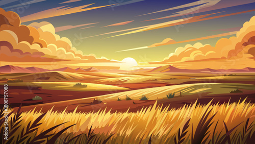 Very beautiful vast prairie glowing under golden sunset hues, showcasing sweeping grasslands beneath the expansive North Dakota sky, creating a serene twilight travel landscape filled with warm light 