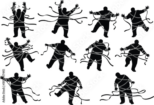 Silhouette entangled figure, ribbon constraint, black illustration, emotional tension, expressive pose, psychological struggle, dramatic motion, symbolic artwork, abstract concept, visual metaphor