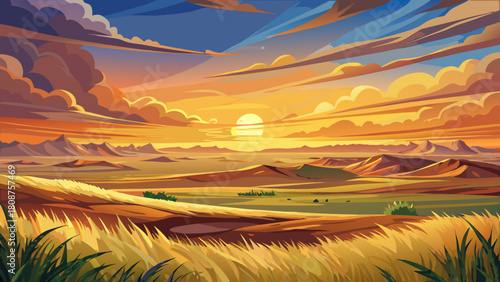 Very beautiful vast prairie glowing under golden sunset hues, showcasing sweeping grasslands beneath the expansive North Dakota sky, creating a serene twilight travel landscape filled with warm light 