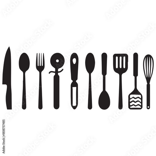 Kitchen Tool Icon Collection Knife, Spoon, Fork, Pizza Cutter, Peeler & Cooking Utensils in Vector Silhouette