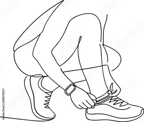 Runner ties shoelace before exercise minimalist line drawing