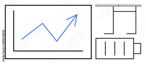 Rising blue line graph on a screen, projector setup, and low battery icon. Ideal for data analysis, business growth, presentation tools, energy optimization, workflow, productivity simple flat