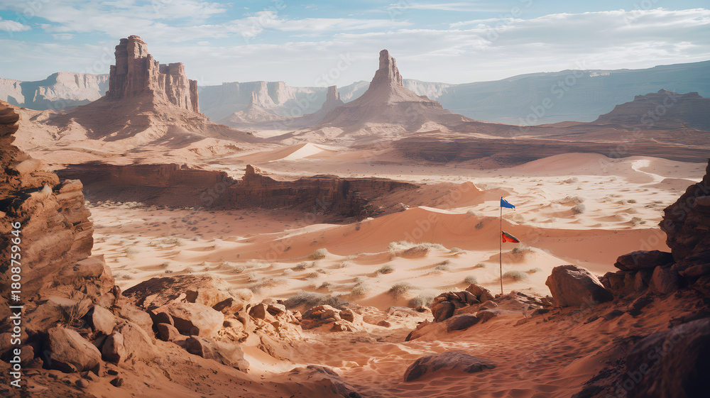 Fototapeta premium Panoramic view of a remote desert landscape featuring towering sandstone formations, vast undulating sand dunes, and a partly cloudy sky