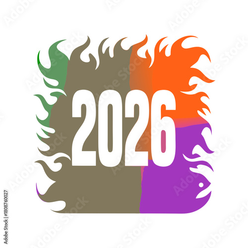 The year 2026 in white numbers with a multicolored background and flames isolated on a unique and eyecatching design element