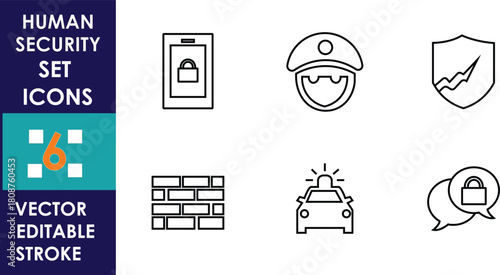 A clean set of six human security icons showing mobile security, police officer, shield protection, firewall, emergency vehicle, and secure communication, all in simple editable vector lines
