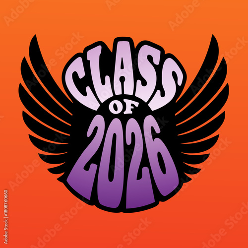 A symbolic graphic for the class of 2026, featuring winged lettering in shades of purple and black against an orange backdrop, embodying knowledge and upward mobility