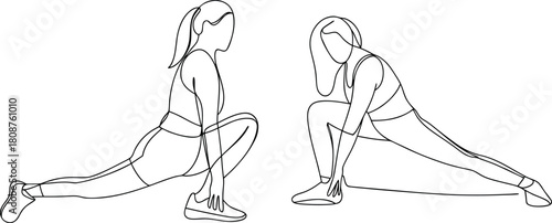 Woman fitness stretching exercise continuous line drawing