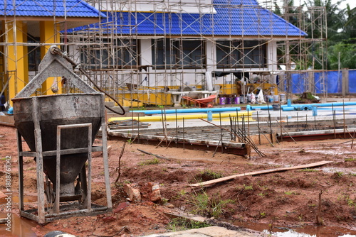 Scaffolding for building improvements, Renovation scaffolding enveloping historical building facade