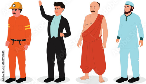 different profession men firefighter magician holyman muslim man vector illustration animation ready