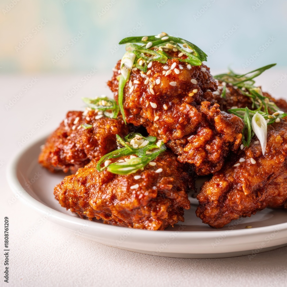 Fototapeta premium Delicious Crispy Fried Chicken Wings Glazed With Sweet And Spicy Sauce Garnished With Sesame Seeds And Scallions