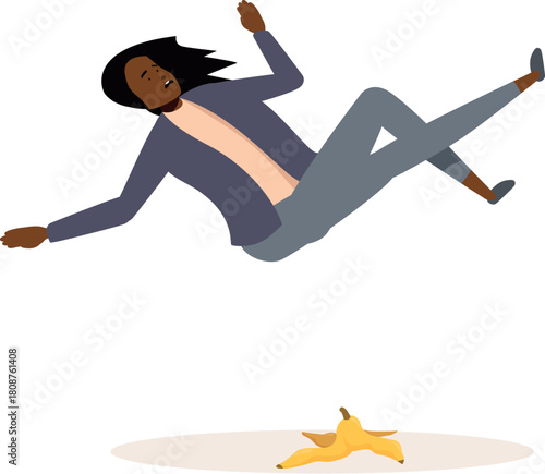 Businesswoman falling on banana peel, accident at work, risk prevention concept