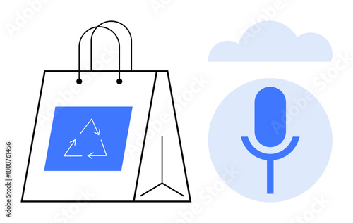 Reusable shopping bag featuring recycling logo and sound recording microphone under cloud. Ideal for sustainability, packaging, technology, communication, eco-conscious lifestyle, renewable