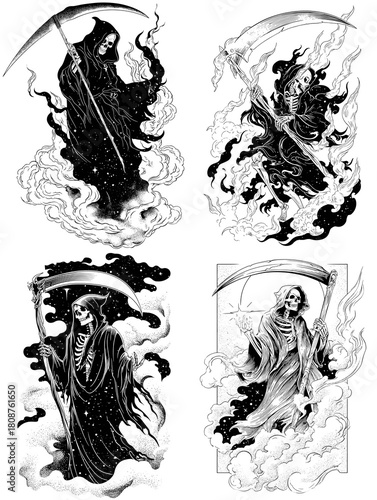 Detailed Grim Reaper illustrations with flowing cloaks scythes and dramatic smoke effects. Dark fantasy artwork perfect for tattoos posters gothic themes and horror inspired designs.