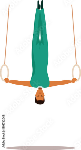 Male gymnast executing an upside down maneuver on gymnastic rings, showcasing strength and skill