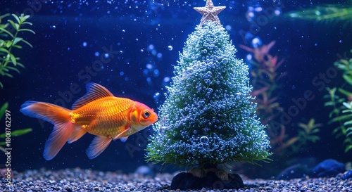 Vibrant orange goldfish swims gracefully beside a miniature Christmas tree adorned with bubbles, creating a unique festive holiday scene in a serene dark blue aquarium