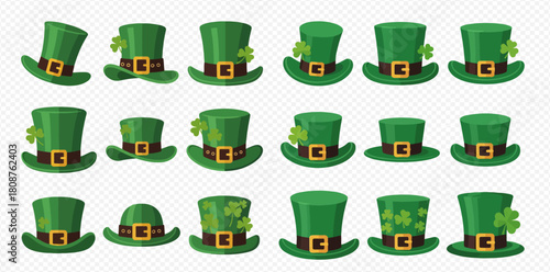 Collection of various green leprechaun hats with shamrocks and buckles, perfect for St. Patrick's Day celebrations.
