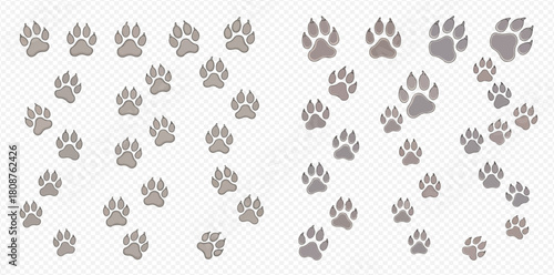 Multiple grey animal paw prints forming paths on a transparent background, suitable for design elements or tracking concepts.