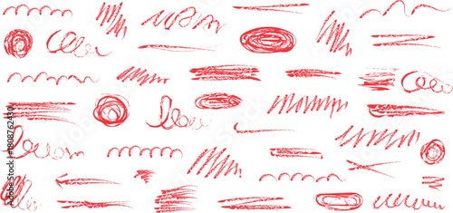  collection of red grunge brush strokes. These vector elements are designed for creative graphic use. 
The set includes various hand-drawn styles such as underlines, scribbles, dashes, and curved line