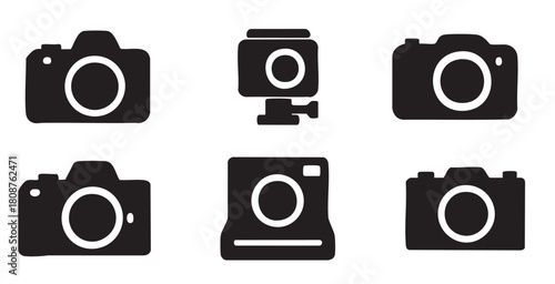 Set of Black silhouette of different camera icons isolated on white background, graphic illustration. concept of photography, camera icon, digital device, gadget, logo, design element