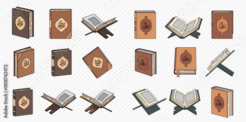 Collection of hand-drawn illustrations depicting the Holy Quran in various states, including closed books and open scriptures on traditional rehal stands.