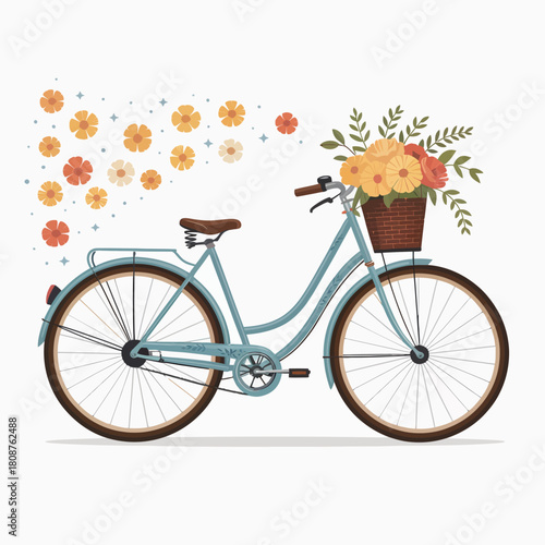 A charming vintage bicycle adorned with flowers in a basket evokes nostalgia and joy, capturing the essence of leisurely bike rides through picturesque streets.