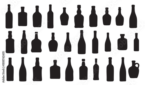 Set of Black silhouettes of alcohol bottles in various shapes, isolated on white background, graphic illustration. concept of beverage container, bar, wine, icon, logo, design element