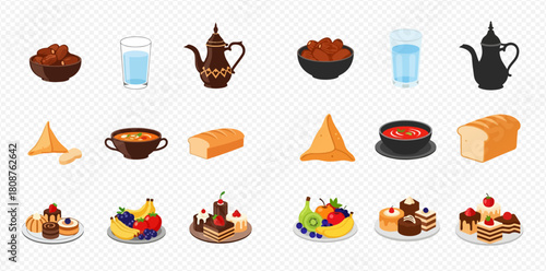 A collection of traditional Middle Eastern food and drink items, including dates, water, coffee, samosas, soup, bread, fruits, and desserts.